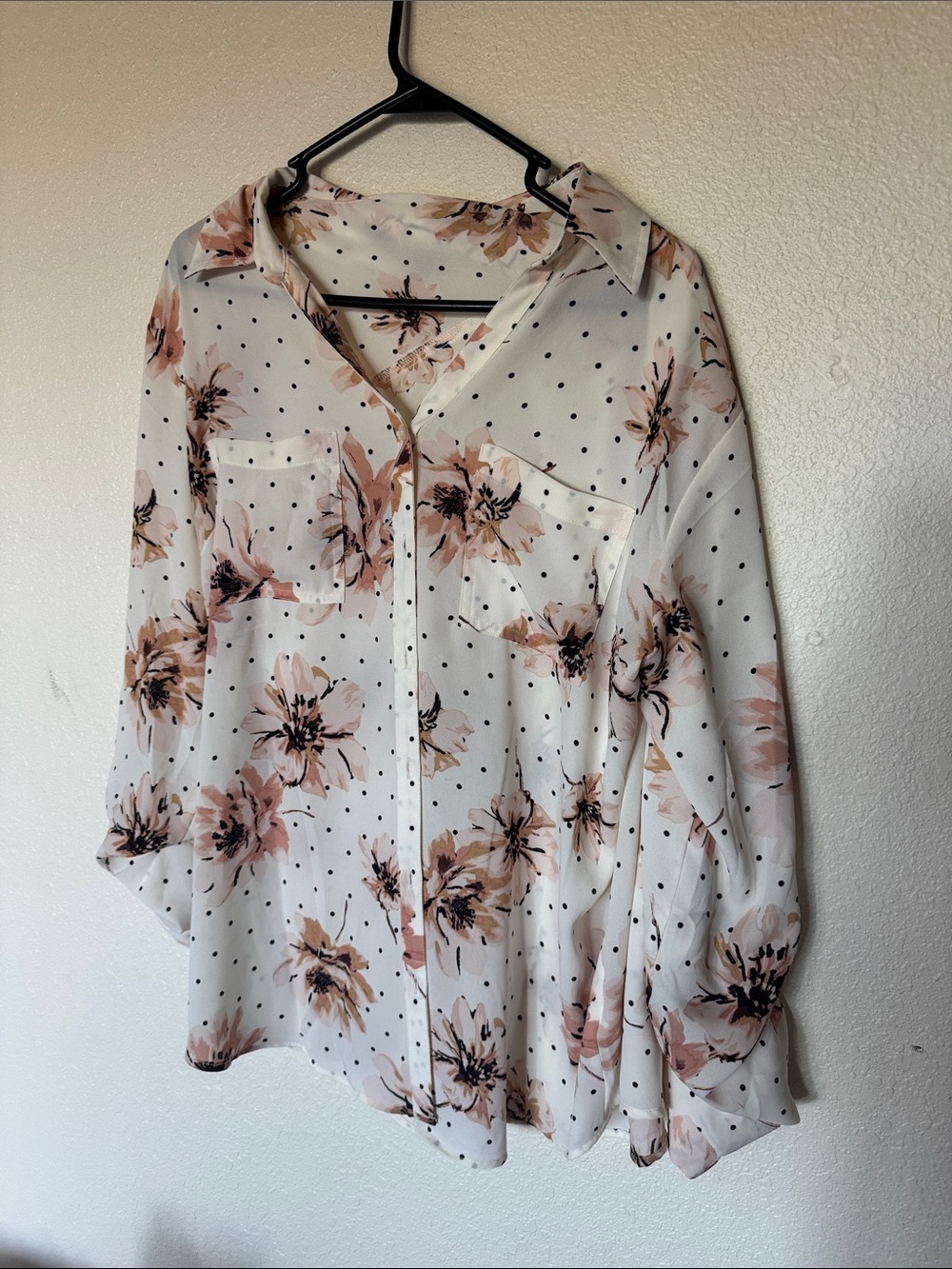 Maurices White Floral & Black Polka Dot Button-Down Shirt